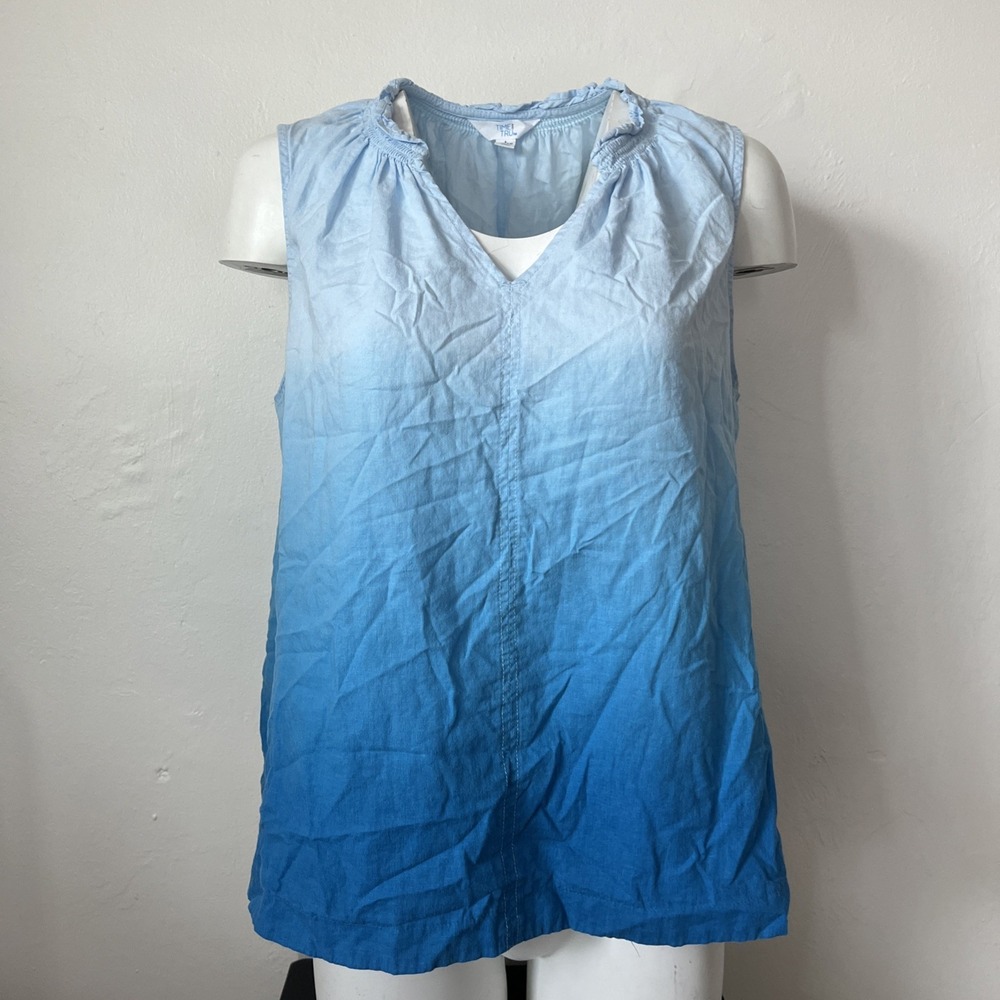 Time And Tru Sleeveless Top Womens L (12-14) V-Neck Blue Linen/Rayon Blend